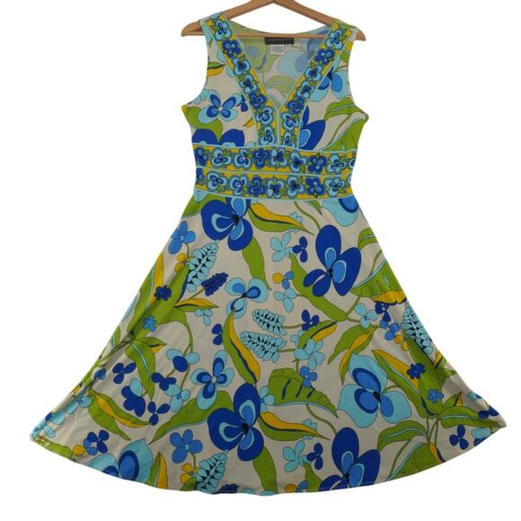 Donna Morgan Retro Floral Fit & Flare Dress 10 – 60s 70s Mod Print Boho A-Line - Picture 1 of 6